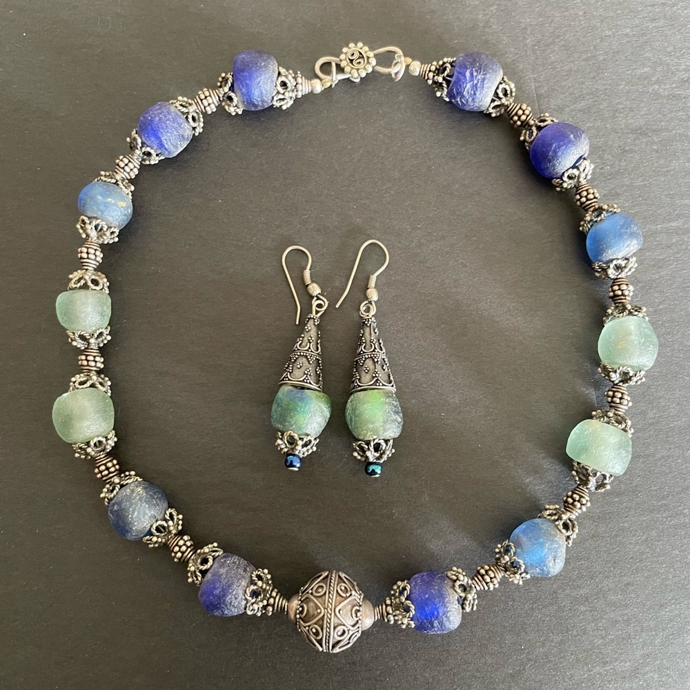 African Silver & Old Ghanaian Glass Beads Necklace and Earring Set